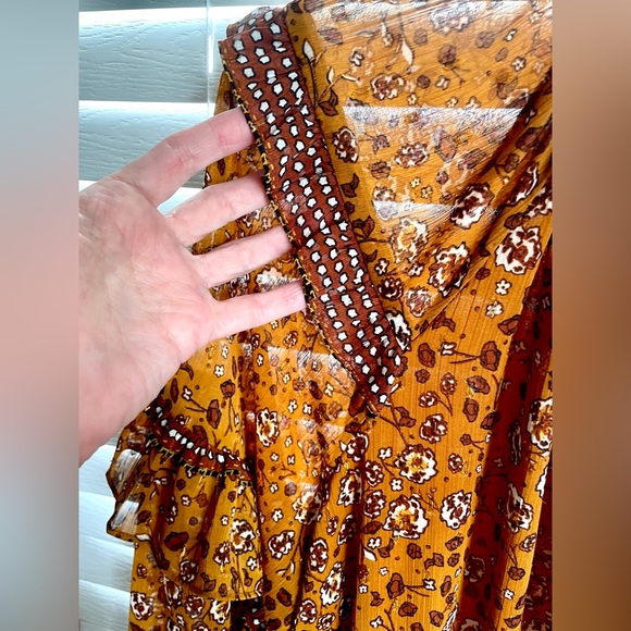 House of Harlow 1960 Boho Mini Dress - Sz Large - Mustard Brown - Floral- Ruffle - Picture 9 of 13